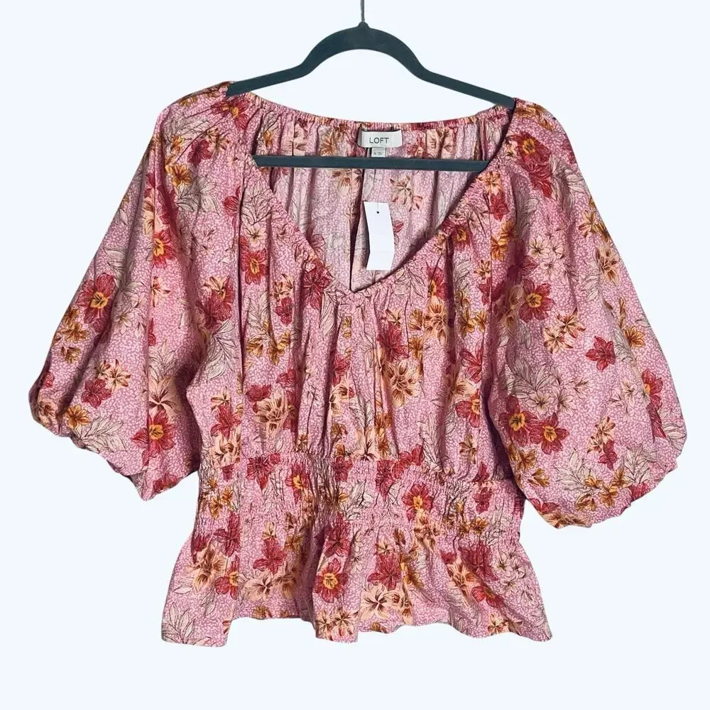 NWT LOFT Lily Blouse Top XL Gathered Waist Puff Sleeve Pink Floral Romantic $70